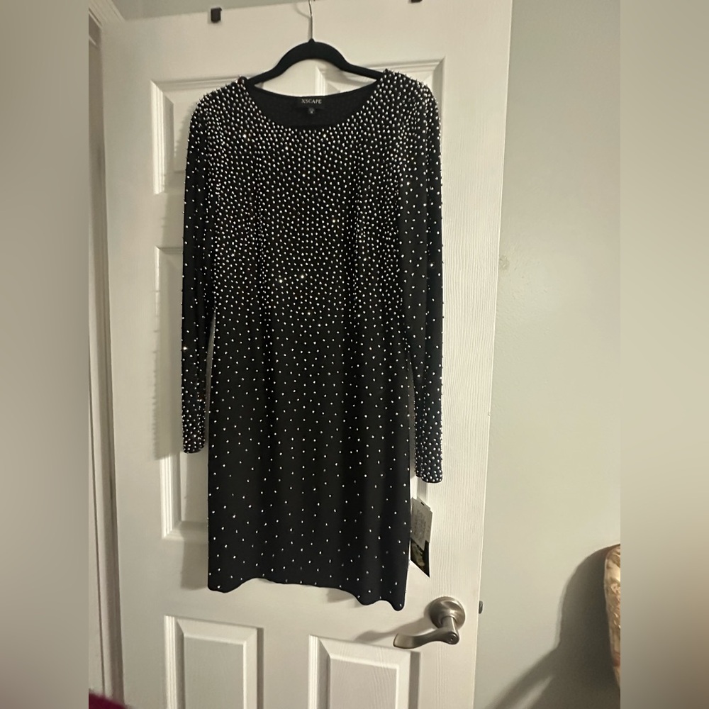 Xscape Black Long Sleeve silver Beaded Dress